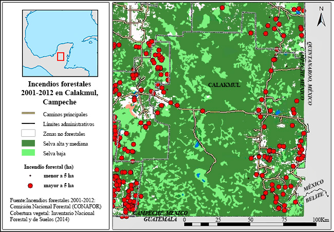 Localización del
municipio de Calakmul y los incendios forestales de la región