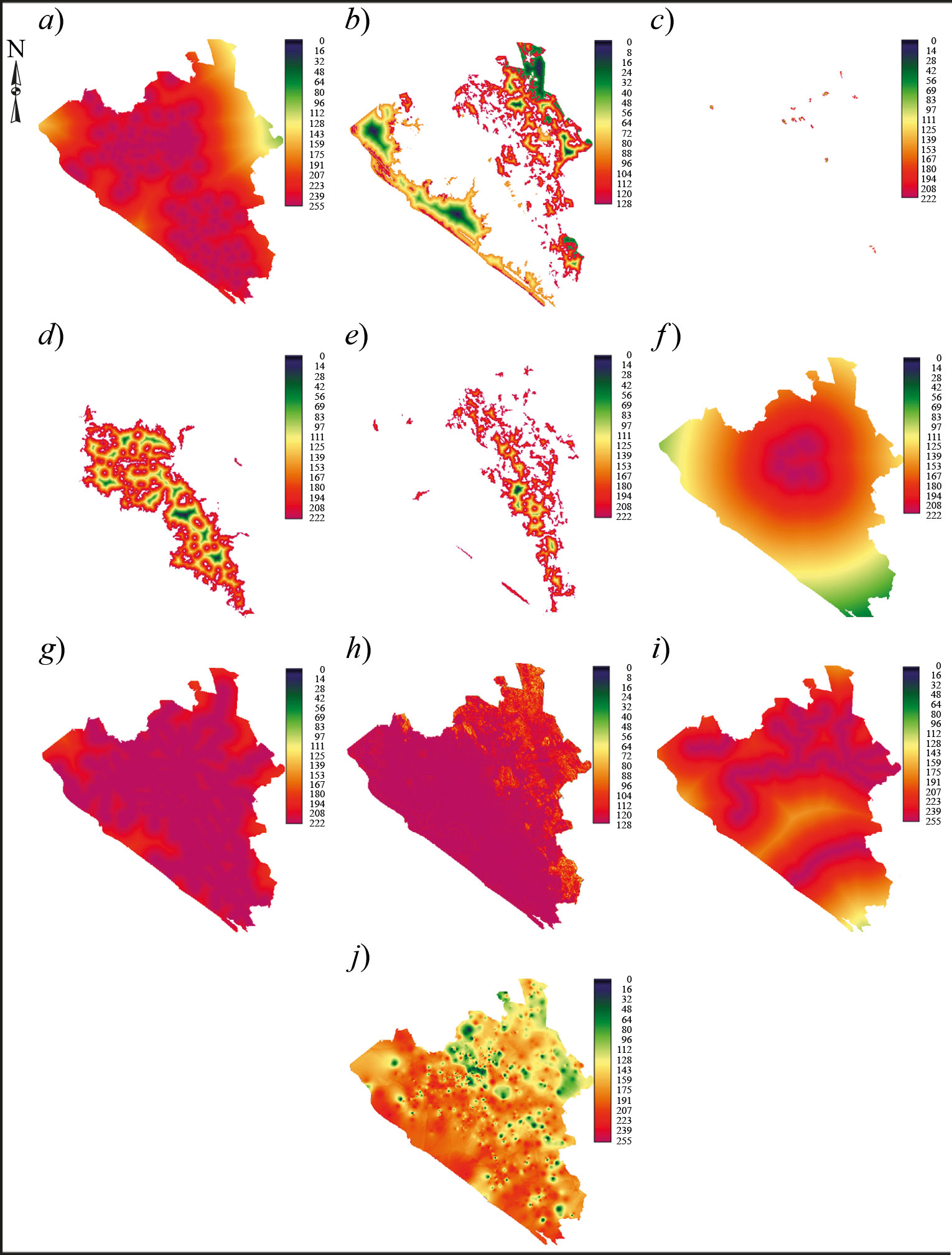 Final normalized factors: a) Proximity to human settlement, b) Proximity to natural vegetation, c) Proximity to pastureland, d) Proximity to irrigation agriculture, e) Proximity to rainforest agriculture, f ) Planned urban area, g) Proximity to roads, h) Slopes, i) Proximity to rivers and j) Margination index. 