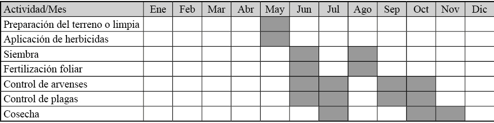 Calendarización de actividades del sistema
de producción de frijol de temporal en la comunidad Francisco Villa I