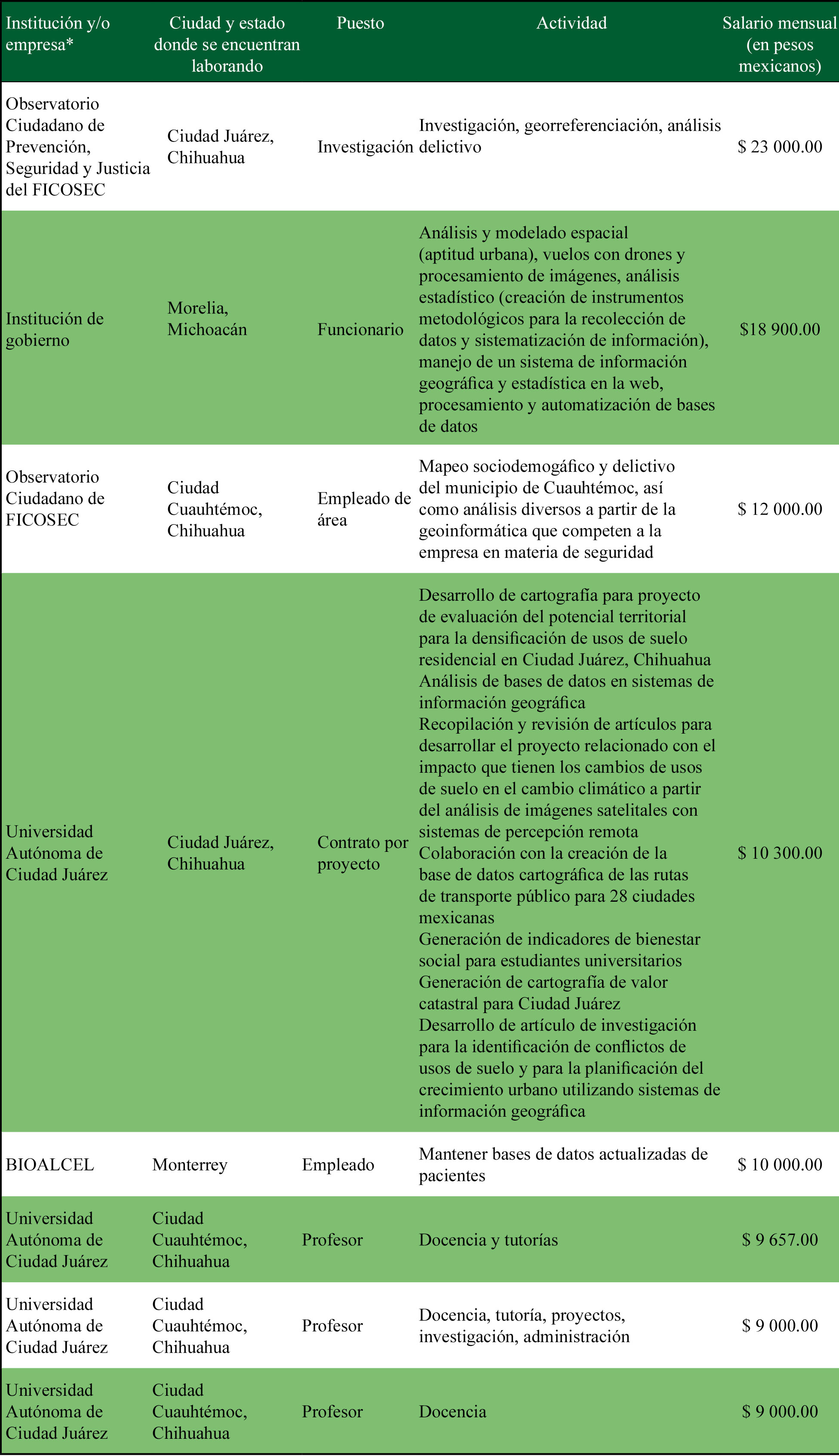 Características laborales de egresados que trabajan en áreas afines a la geoinformática, 2017 