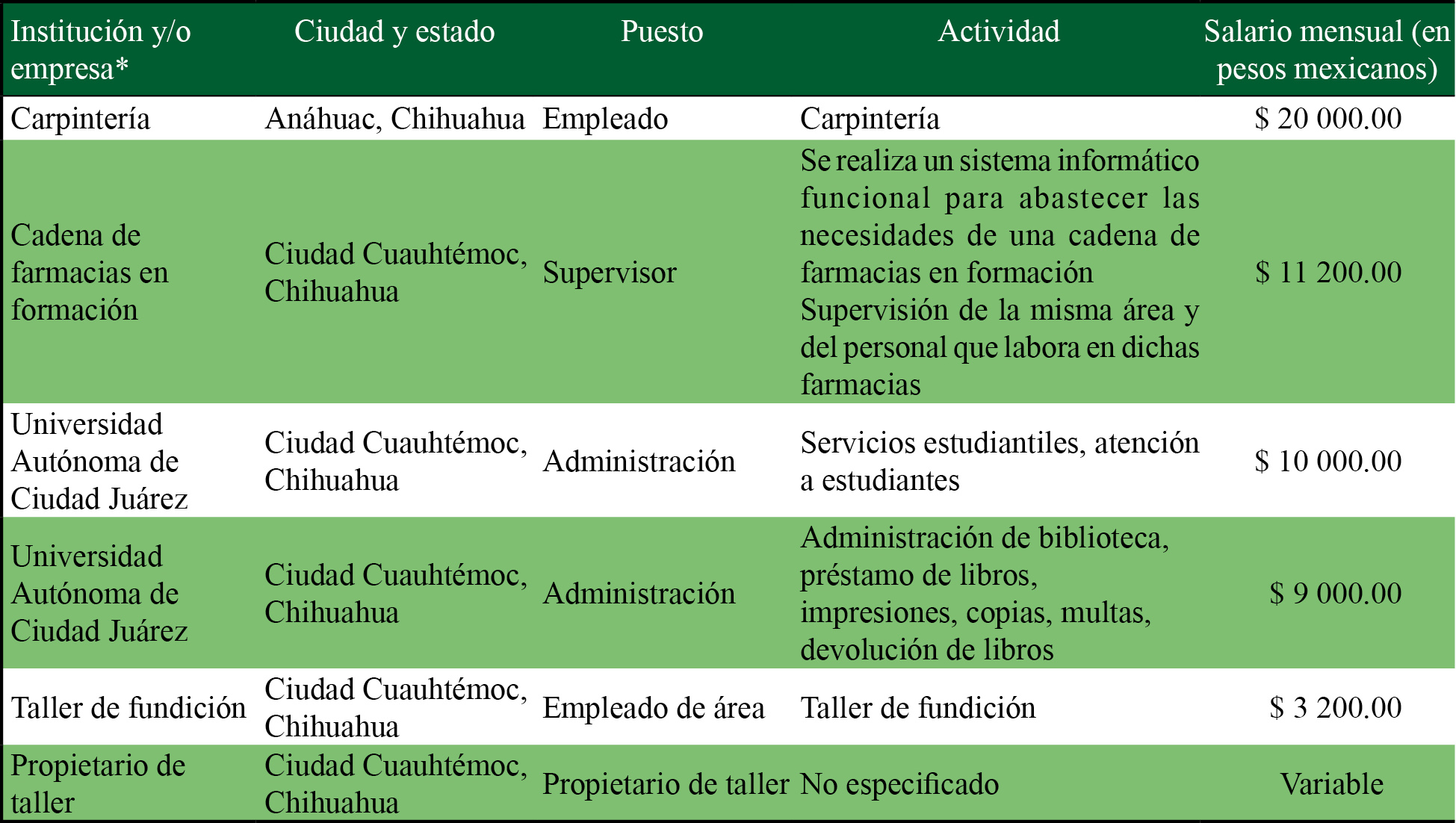 Características laborales de egresados que trabajan en otras áreas diferentes a la geoinformática, 2017 