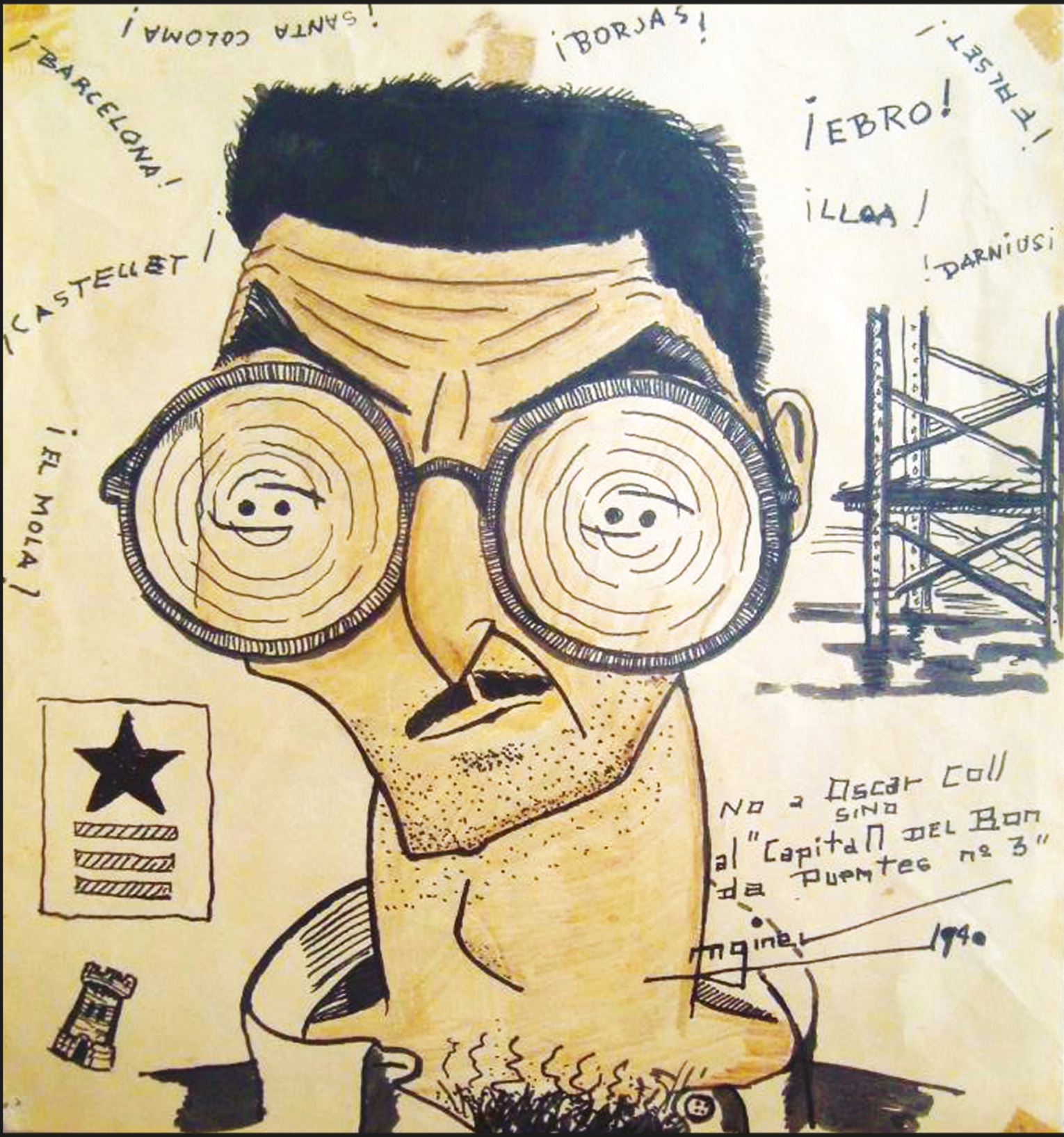 Caricatura del capitán arquitecto Oscar Coll alusiva a su participación en la construcción de los puentes sobre el río Ebro durante la Guerra Civil 