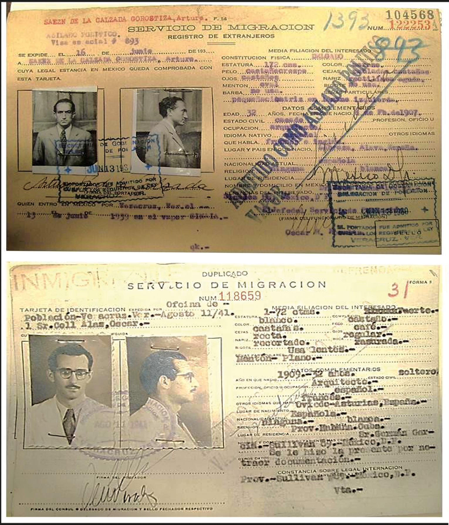 Documentos migratorios de los arquitectos Arturo Sáenz de la Calzada y Oscar Coll, emitidos al llegar a México 