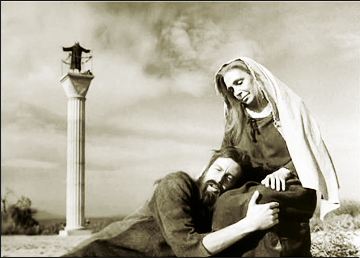 Imagen de la película Simón del desierto dirigida por Buñuel y fotografiada por Gabriel Figueroa, donde se observa la columna que el arquitecto Sáenz de la Calzada diseñó para el filme 