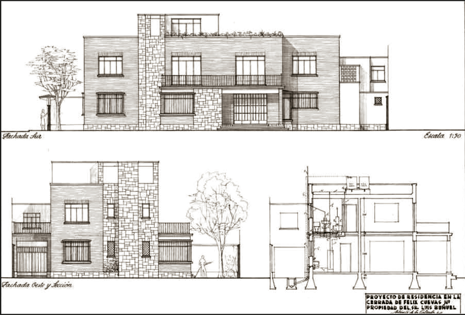 Fachada principal, lateral y corte arquitectónico de la casa Buñuel. Arquitecto Arturo Sáenz de la Calzada 