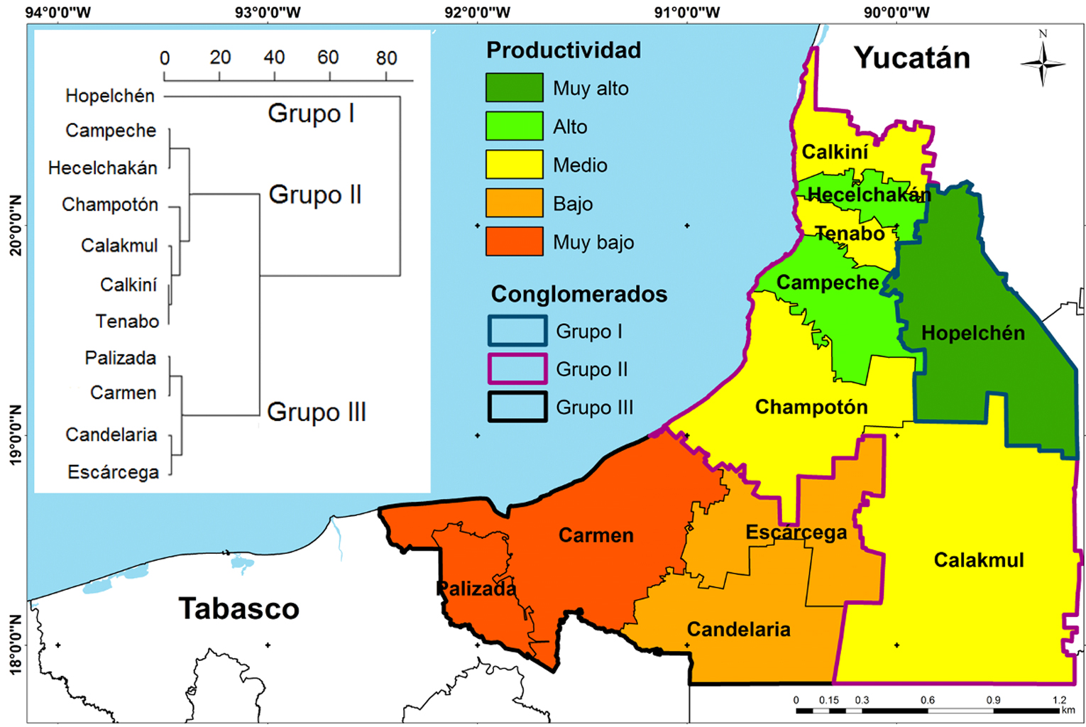 Representación espacial de la tipología en la productividad de maíz grano a nivel municipal en el estado de Campeche de 2007 a 2018. 