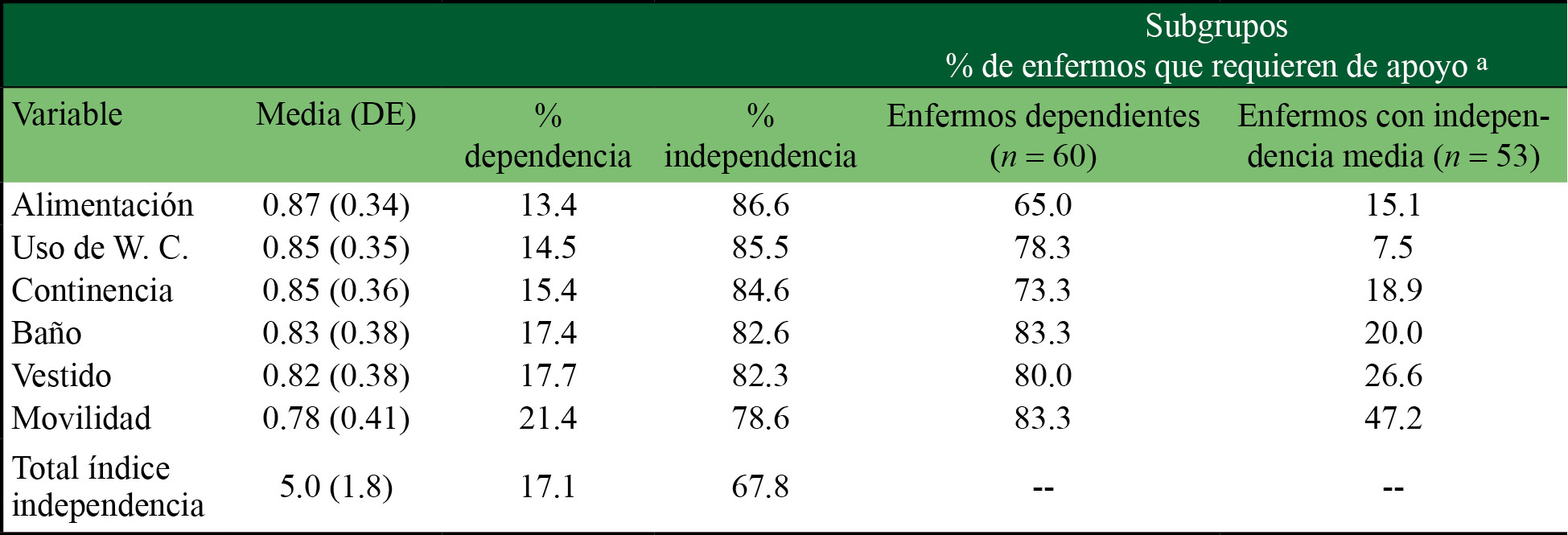 Nivel de independencia en enfermos crónicos a cargo de los cuidadores
