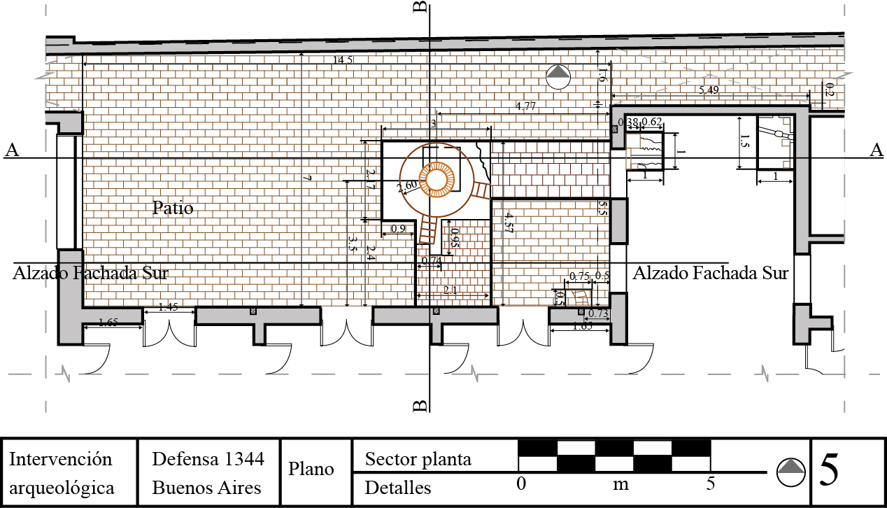 Plano del primer patio. Localización de las áreas excavadas.