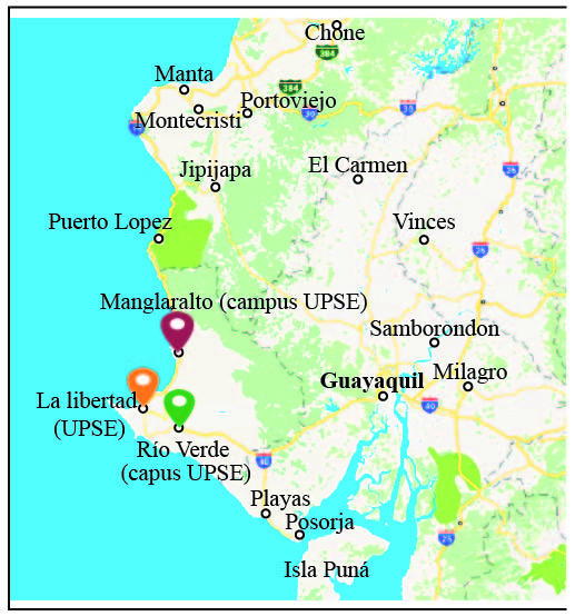 Localización de los sitios de muestreo en la provincia de Santa Elena,
Ecuador