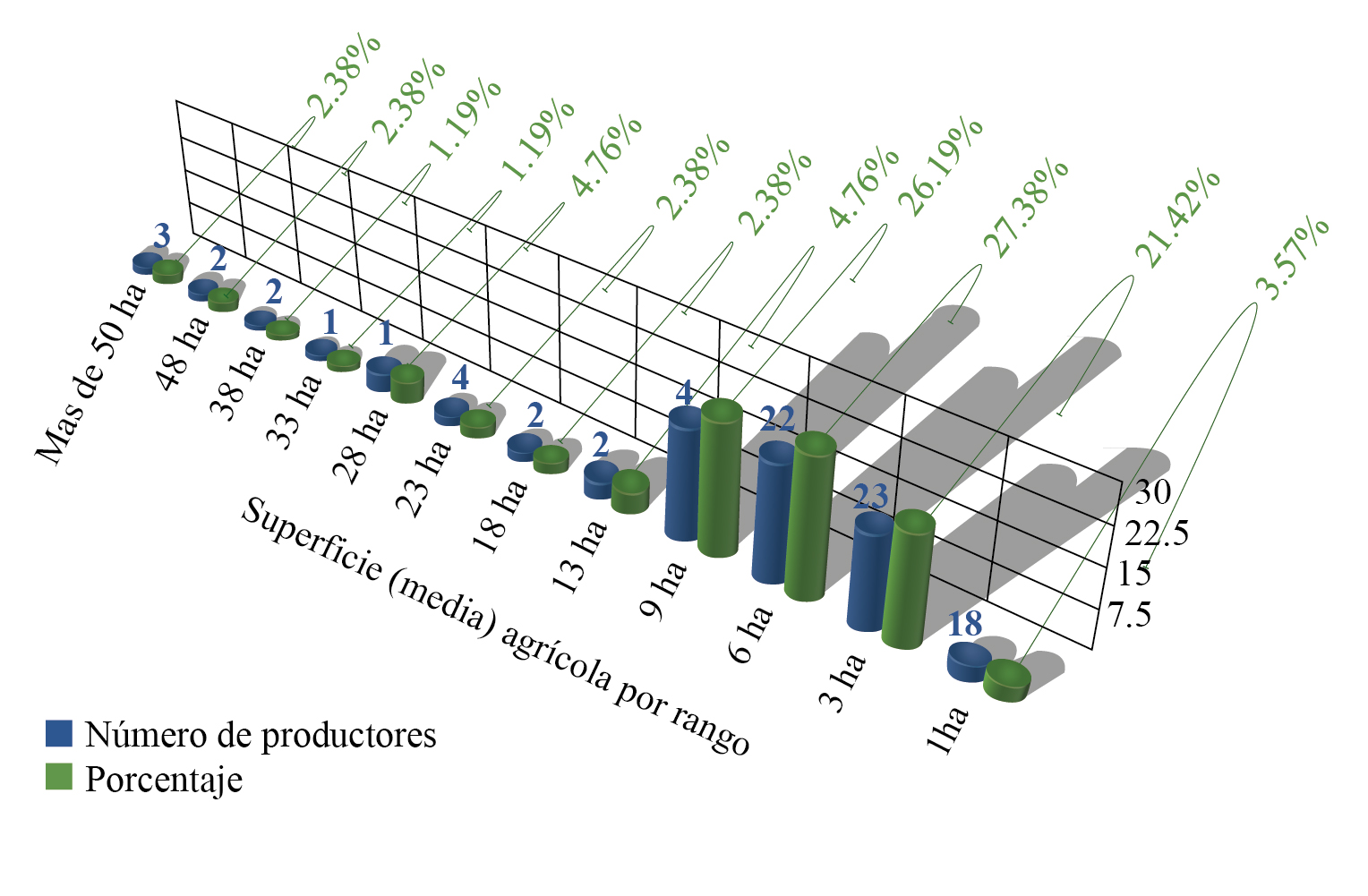 Distribución-porcentaje de productores agrícolas en relación con la superficie 