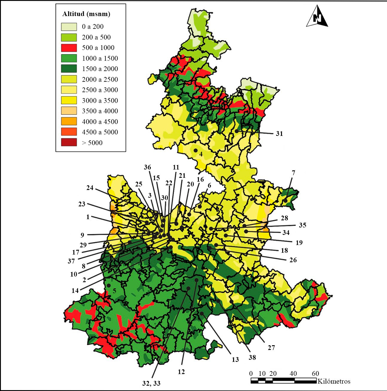 Mapa hipsométrico que
muestra las localidades fosilíferas con presencia de Mammuthus columbi en Puebla, México